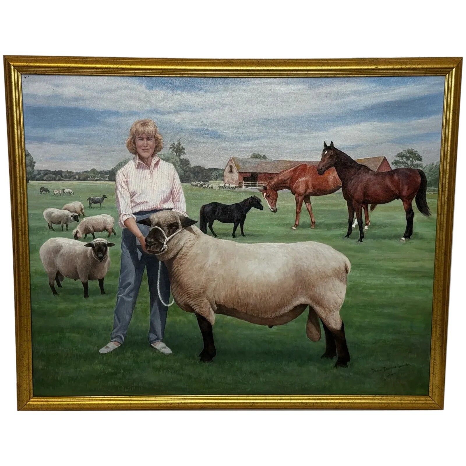 Olieverf portret Camilla Queen Consort op Wiltshire boerderij met prijsdieren, gesigneerd door Diana Douglas Hamilton