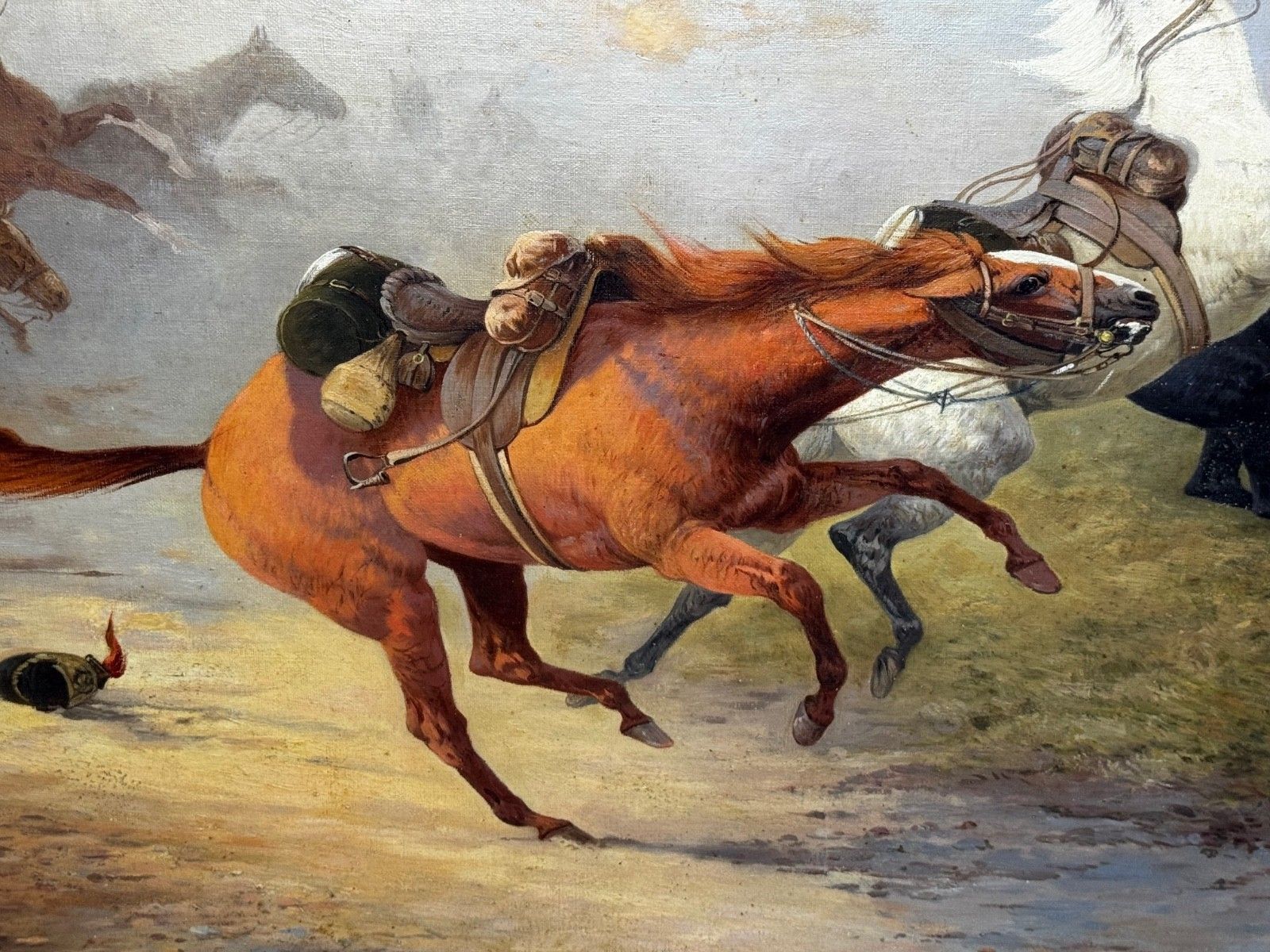 Ww1 Battle Charleroi Great Retreat Oil Painting Runaway Horses Signed By Edith Alice Simkins photo for sale