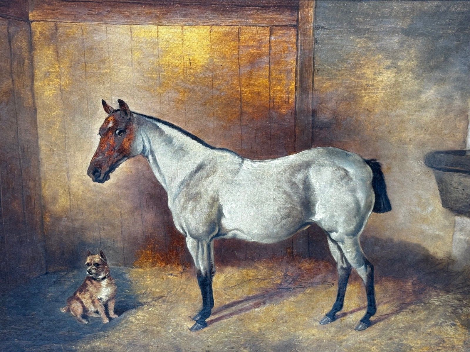 Victorian  Equestrian Oil Painting Portrait  Strawberry Roan Hunter Horse In Stable With Terrier Circle Of Edwin Frederick Holt photo furniture