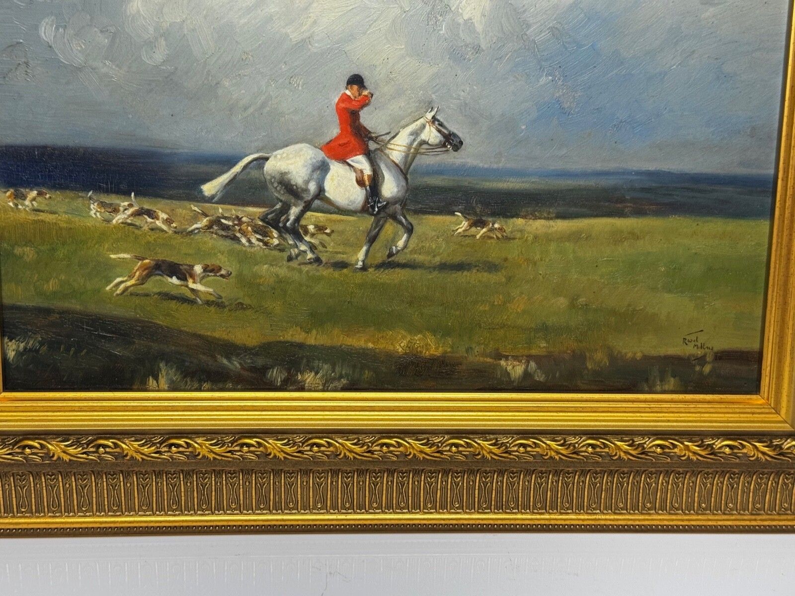 Ruiterij-olieverfchilderij De Grijze Hengst - Sussex Hunt, gesigneerd door Hesketh Raoul Lejarderay Millais photo 9000.0