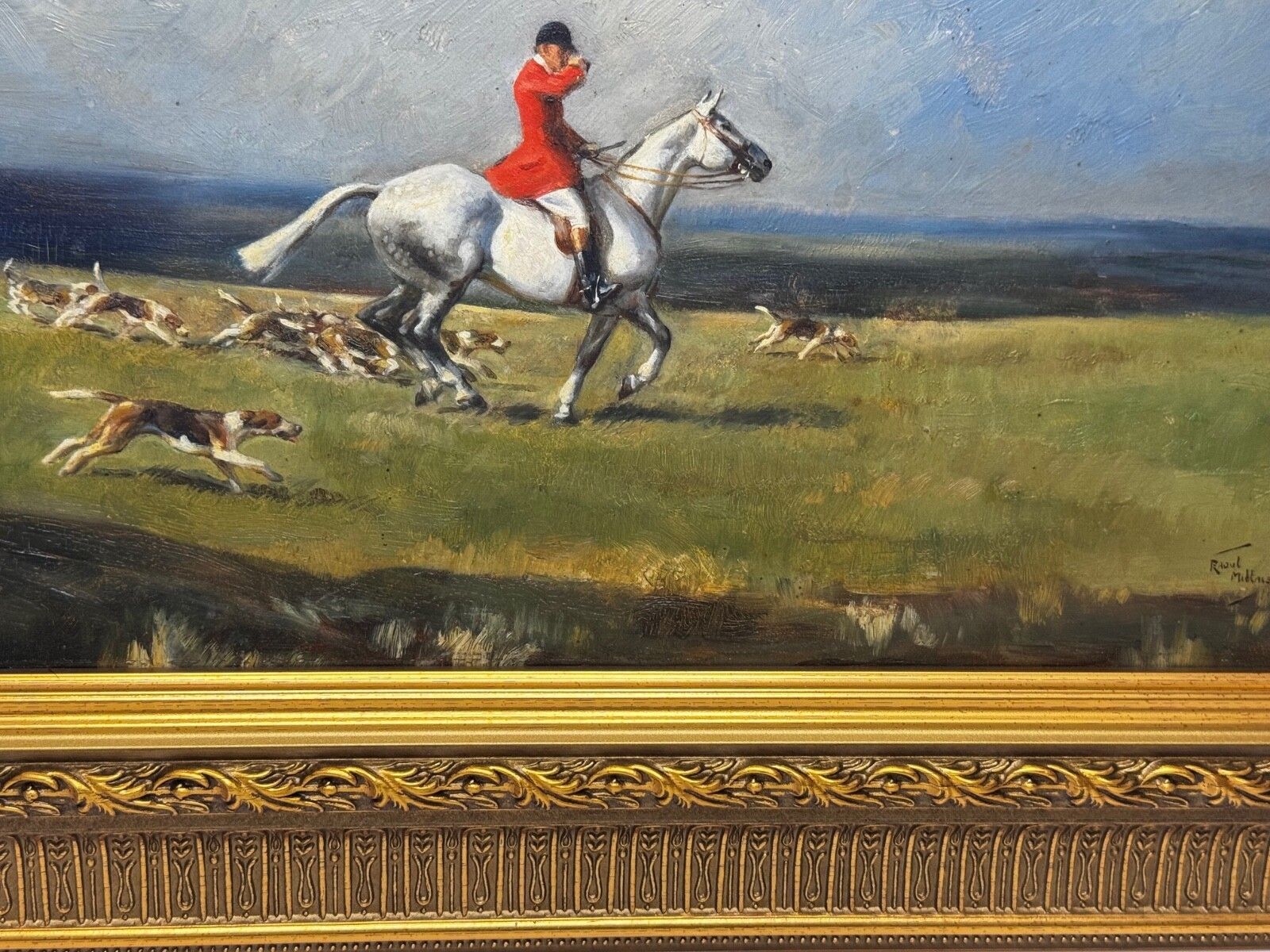 Equestrian Oil Painting The Grey Horse – Sussex Hunt Signed By Hesketh Raoul Lejarderay Millais photo vinterior