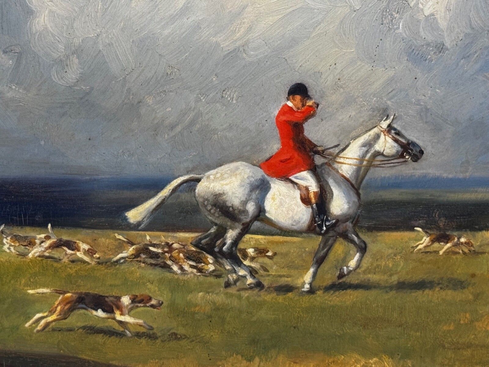 photo for sale Ruiterij-olieverfchilderij De Grijze Hengst - Sussex Hunt, gesigneerd door Hesketh Raoul Lejarderay Millais
