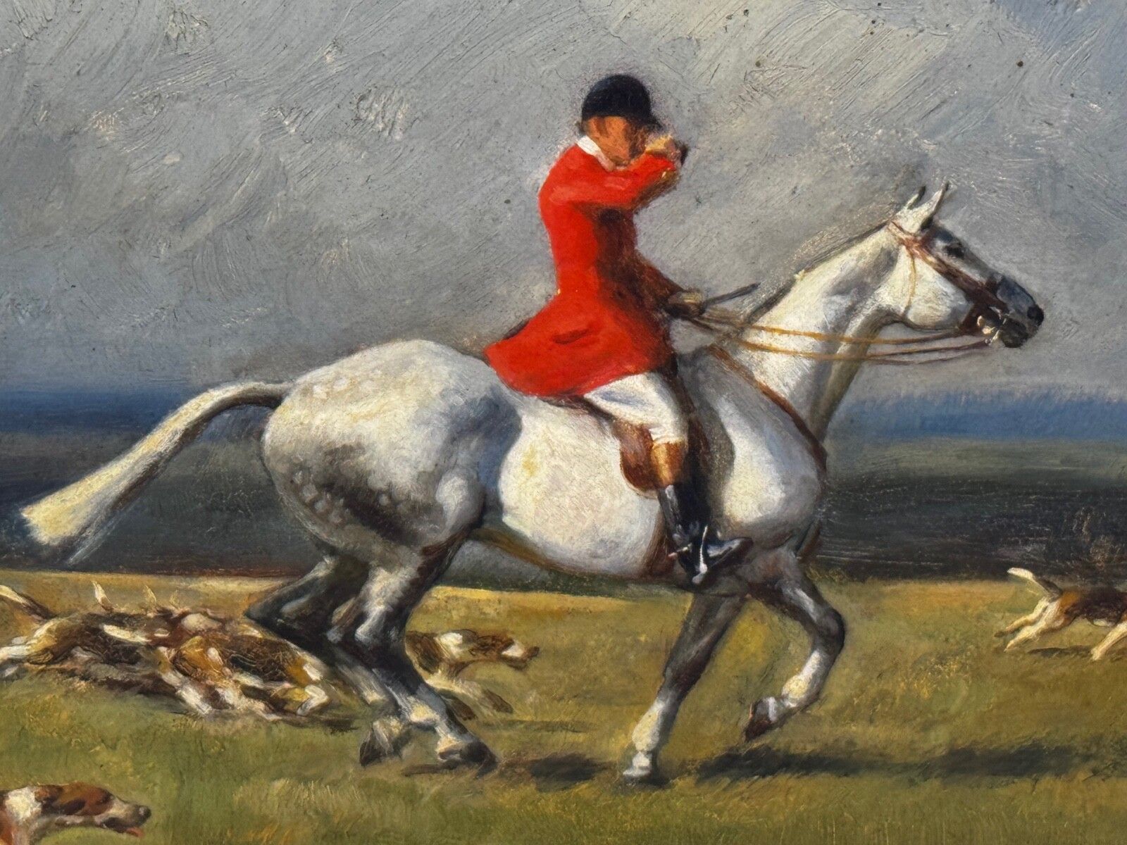 Kunst Ruiterij-olieverfchilderij De Grijze Hengst - Sussex Hunt, gesigneerd door Hesketh Raoul Lejarderay Millais photo