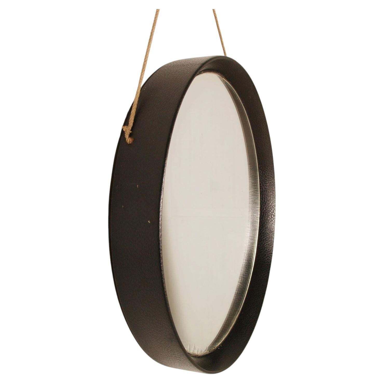 Italiaanse ronde wandspiegel uit de jaren 1970 met donkere lederen lijst, door Fontana Arte photo 2800.0