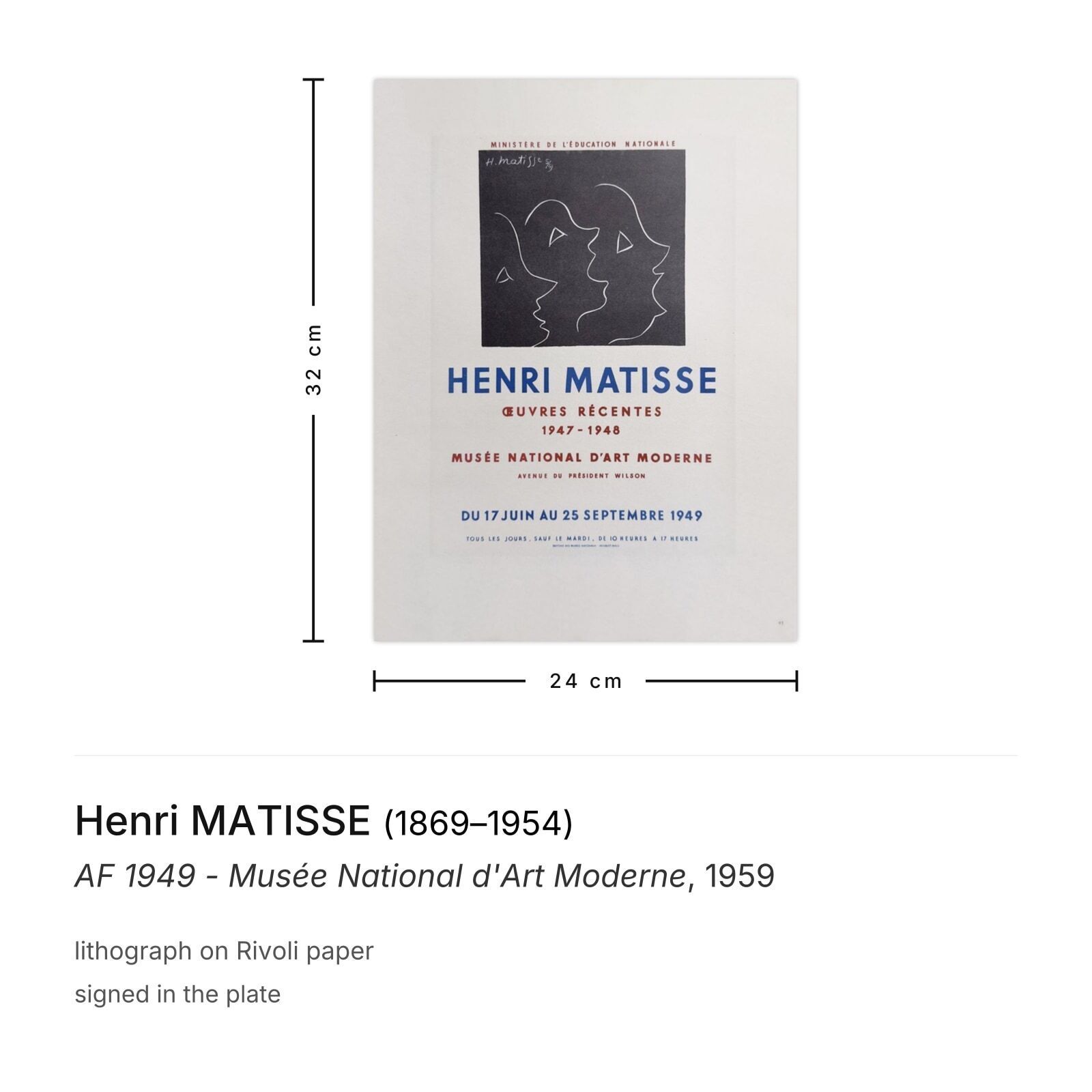 Henri Matisse Lithografie Af 1949 Musée National D'art Moderne 1959 photo furniture