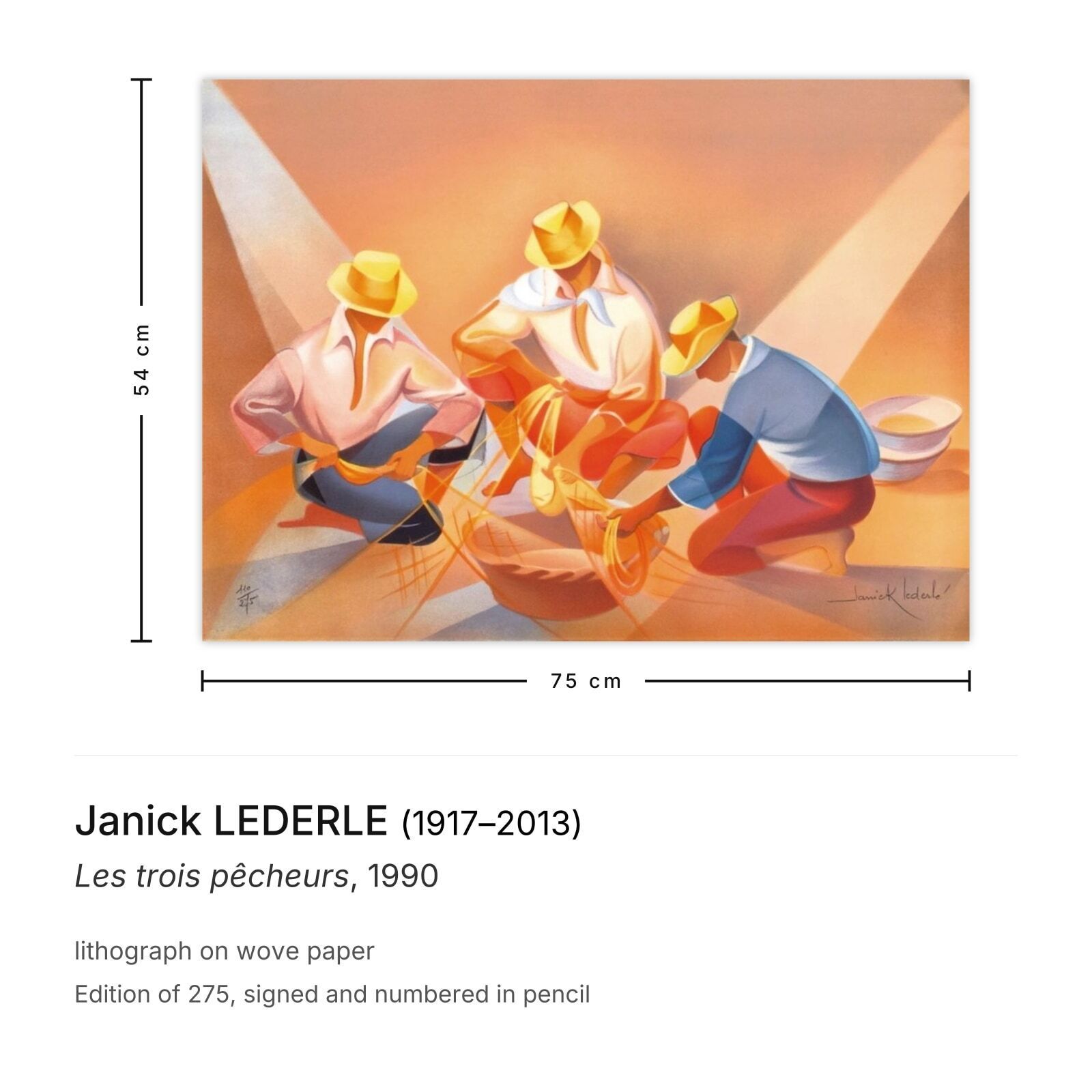 Janick Lederle Gesigneerde Lithografie Les Trois Pêcheurs 1990 photo furniture