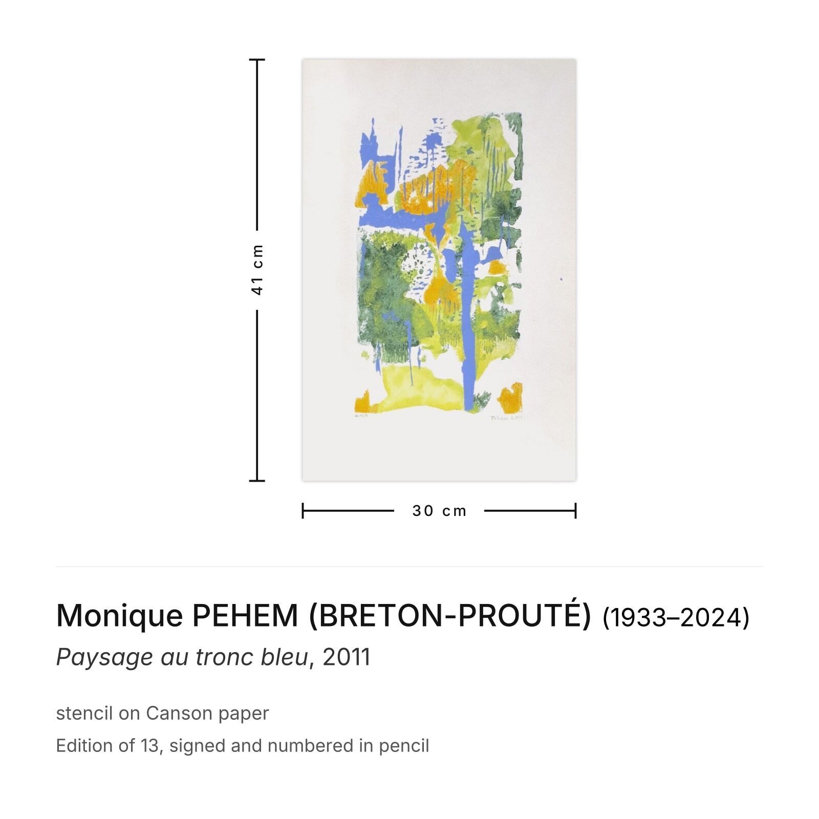 Monique Pehem (Breton Prouté) Signed Stencil Paysage Au Tronc Bleu 2011 photo furniture