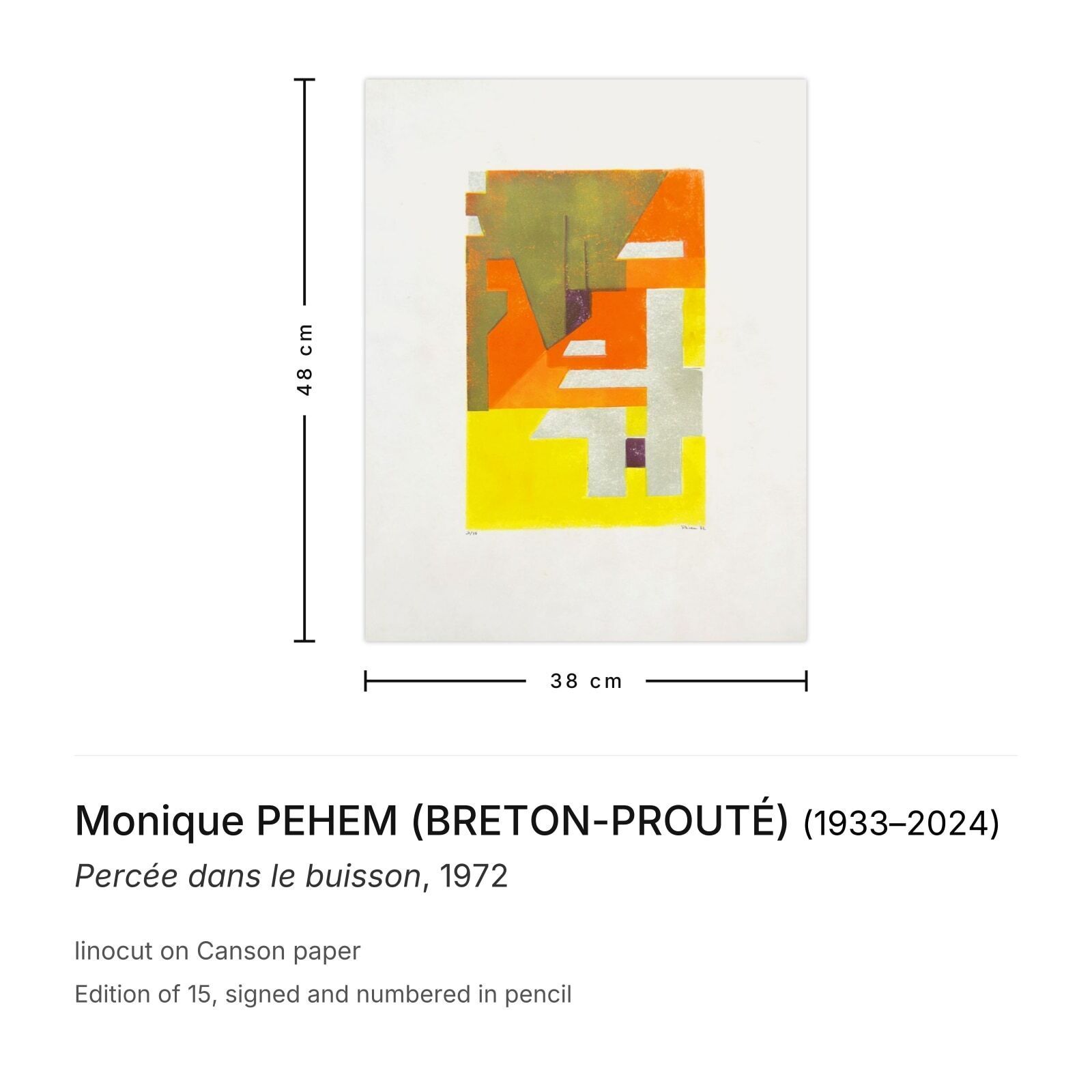 Monique Pehem (Breton Prouté) Gesigneerde Linosnede Percée Dans Le Buisson 1972 photo furniture
