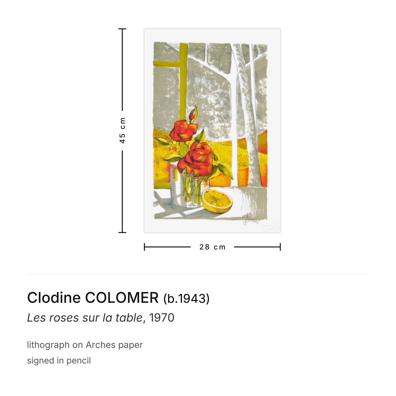 Clodine Colomer Gesigneerde Lithografie Les Roses Sur La Table 1970 photo furniture