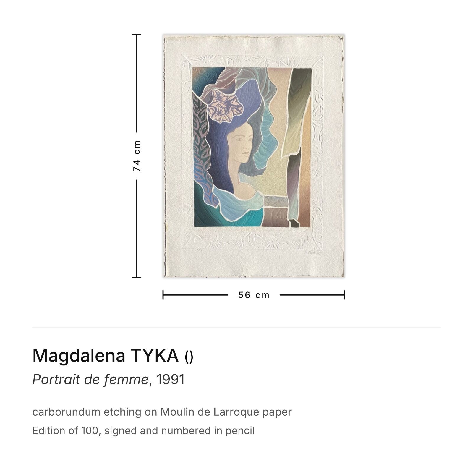 Magdalena Tyka Signed Carborundum Etching Portrait De Femme 1991 photo furniture