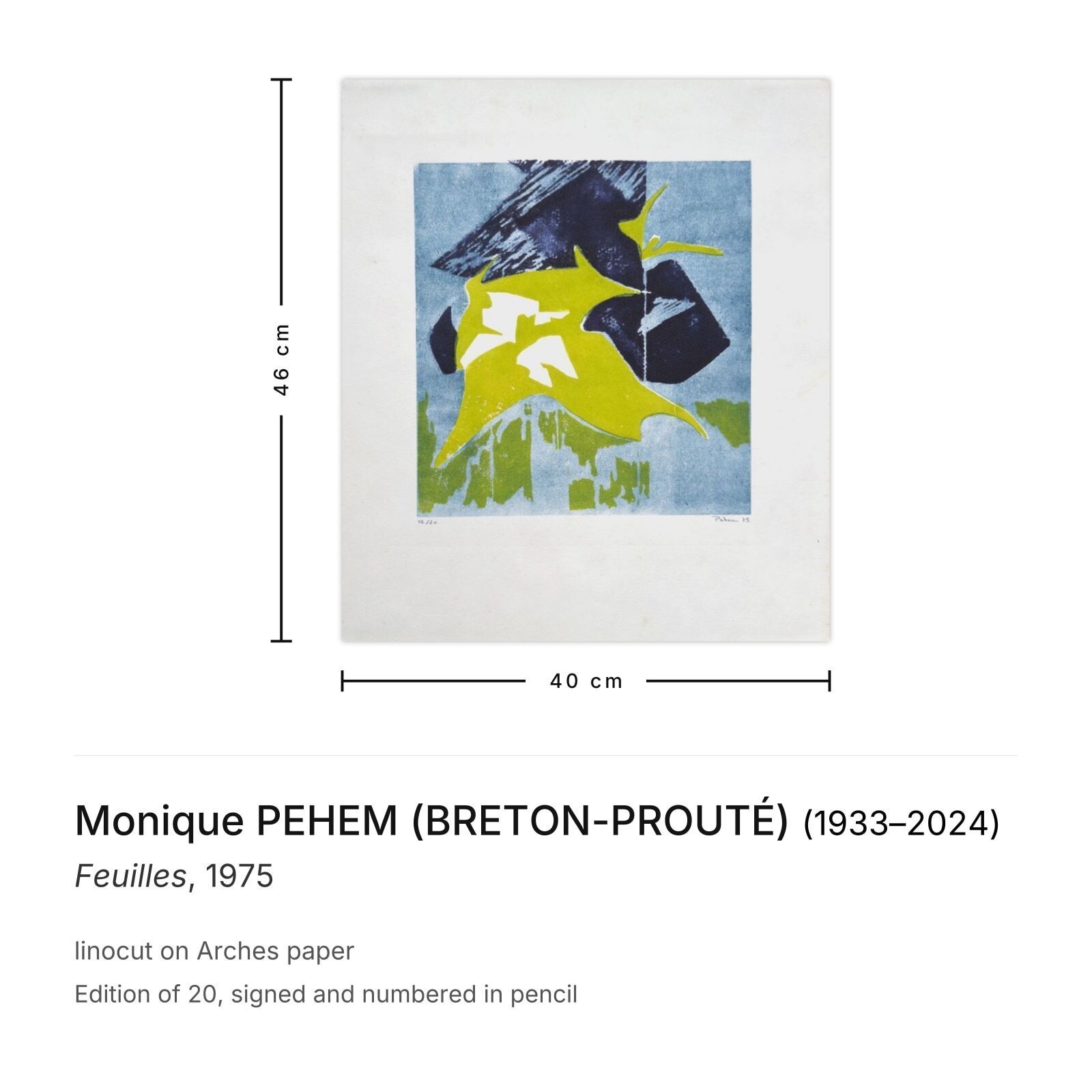Monique Pehem (Breton Prouté) Gesigneerde Linosnede Feuilles 1975 photo furniture