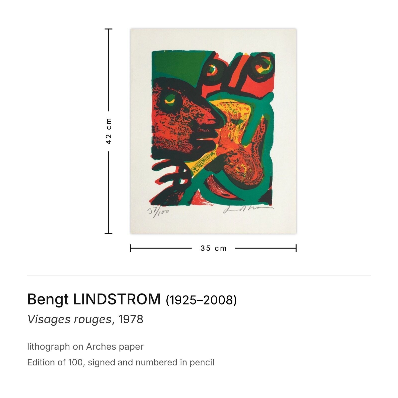 Bengt Lindstrom Gesigneerde Lithografie Visages Rouges 1978 photo furniture