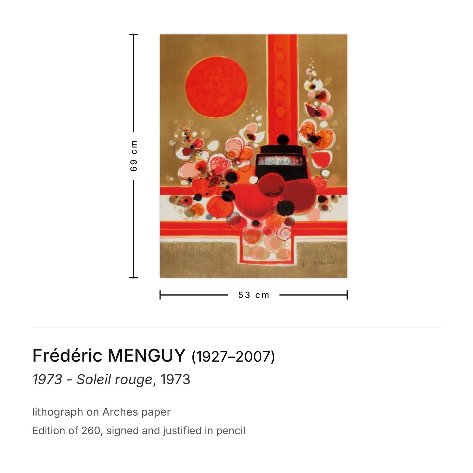 Frédéric Menguy Gesigneerde Litho 1973   Soleil Rouge photo furniture
