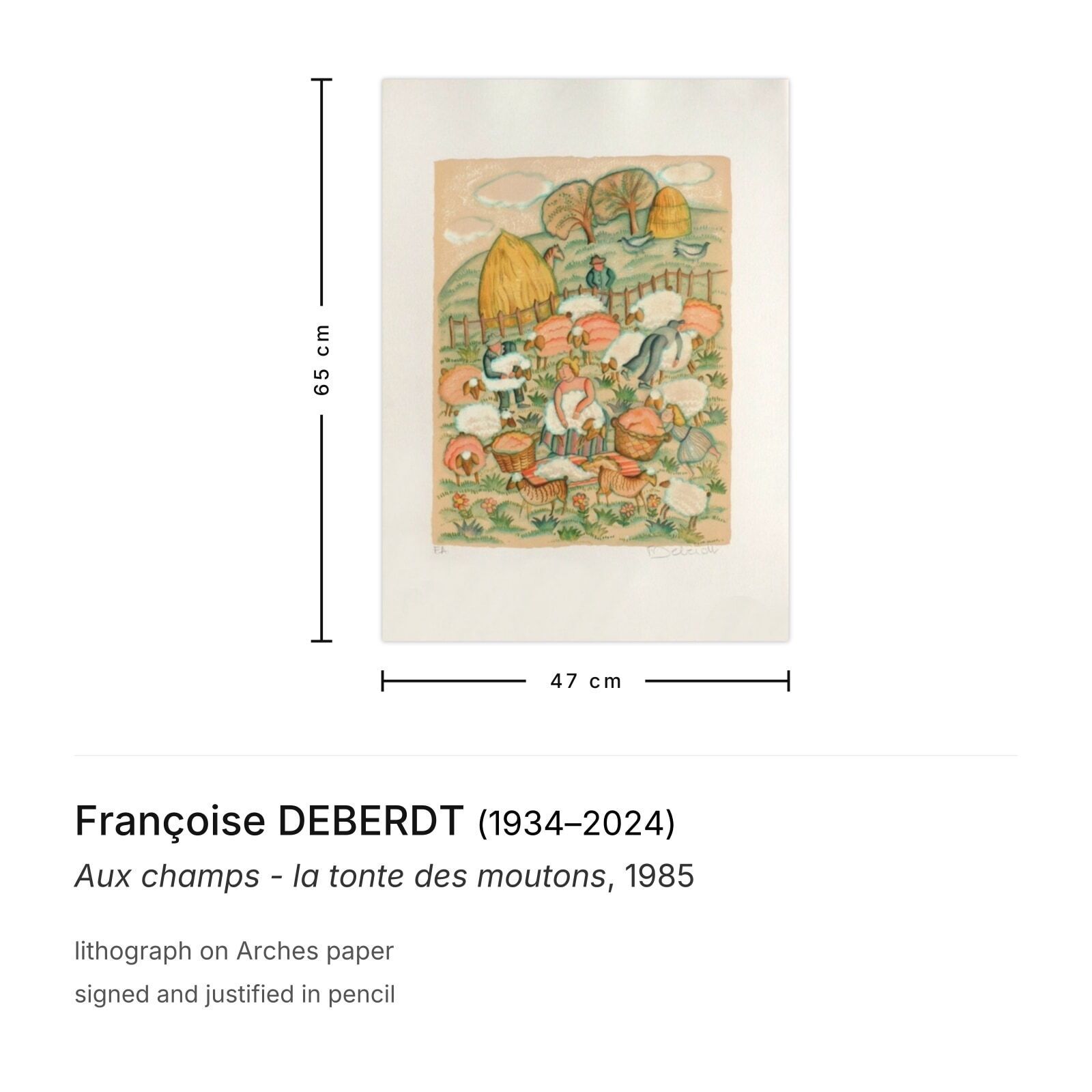 Françoise Deberdt Gesigneerde Lithografie Aux Champs La Tonte Des Moutons 1985 photo furniture