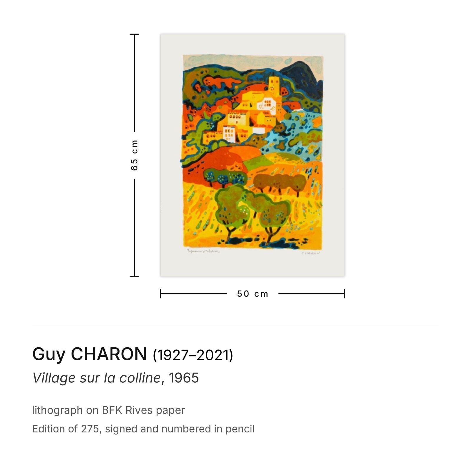 Guy Charon Gesigneerde Lithografie Village Sur La Colline 1965 photo furniture