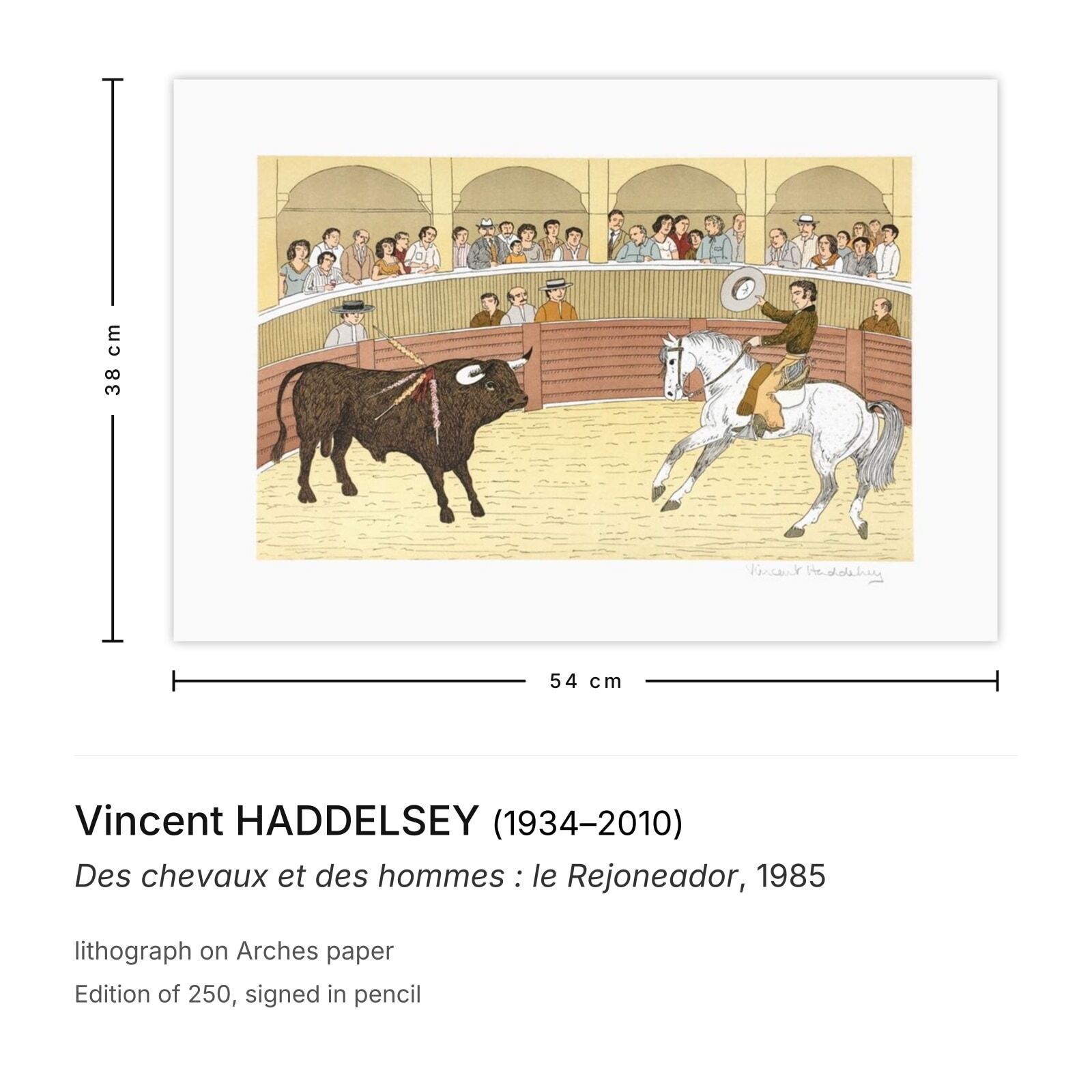 Lithographie signée Vincent Haddelsey, Des chevaux et des hommes : Le Rejoneador, 1985 photo furniture