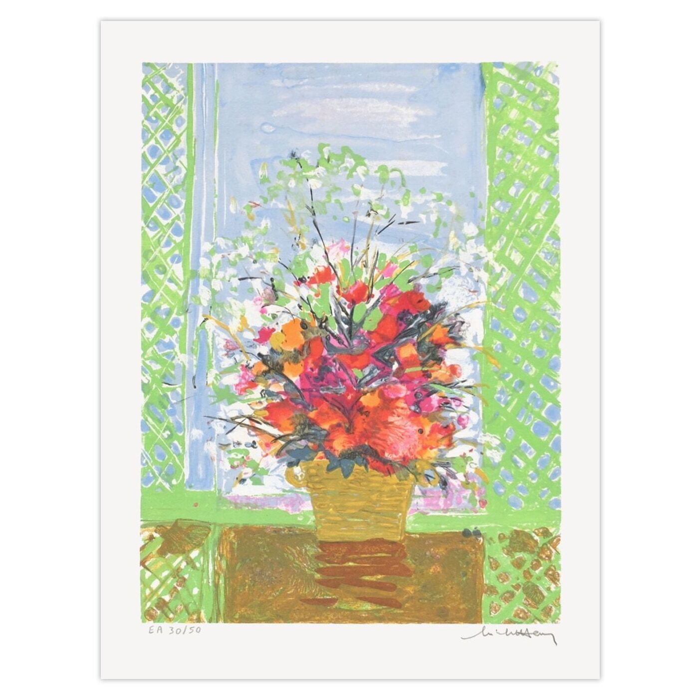Michel Henry Gesigneerde Lithografie Bouquet De Fleurs Des Champs