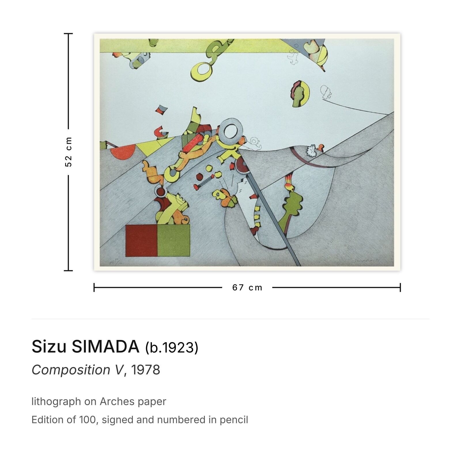 Sizu Simada Gesigneerde Lithografie Composition V 1978 photo furniture