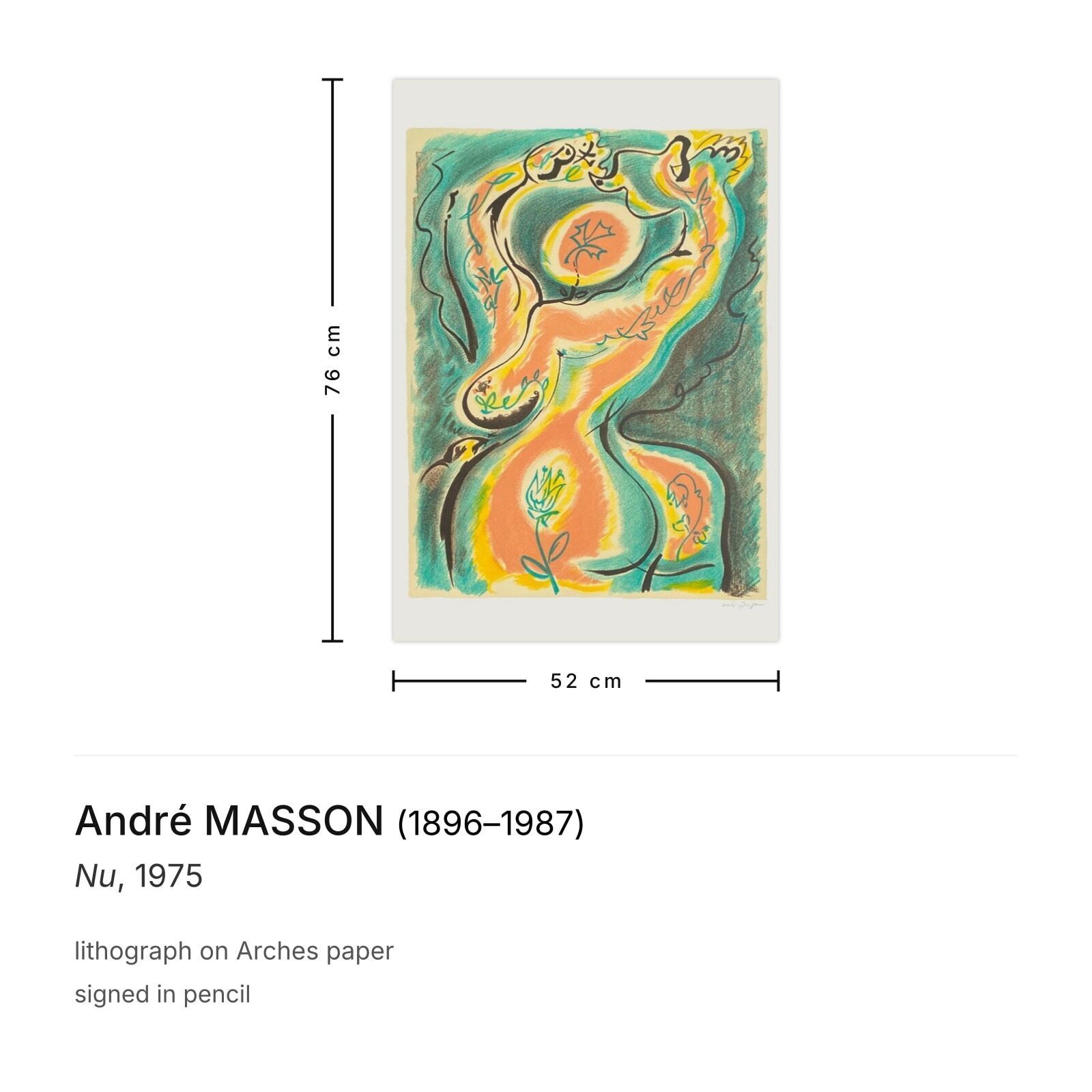 André Masson Gesigneerde Lithografie Nu 1975 photo furniture