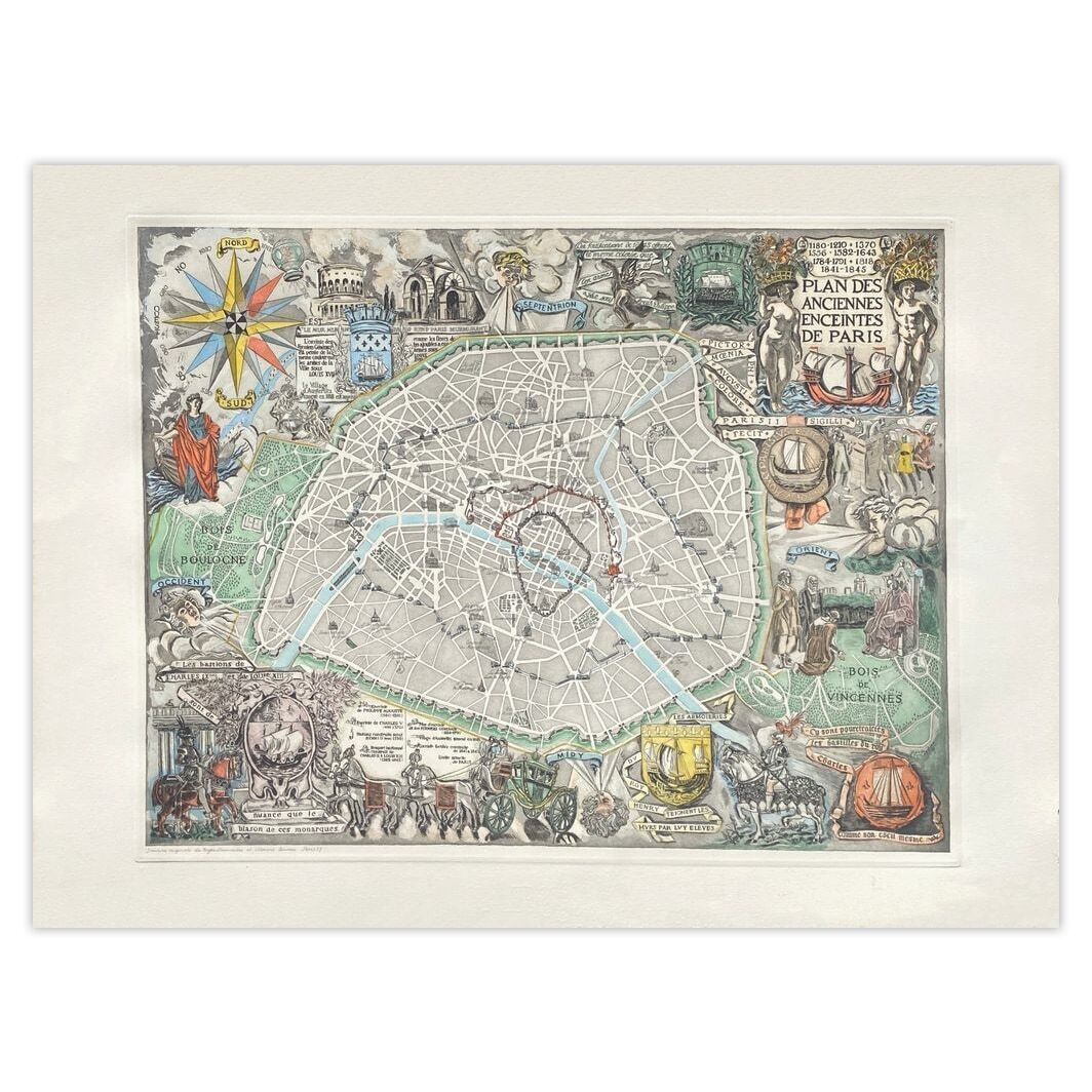 Roger Lacouriere Etching Plan Des Anciennes Enceintes De Paris 1937