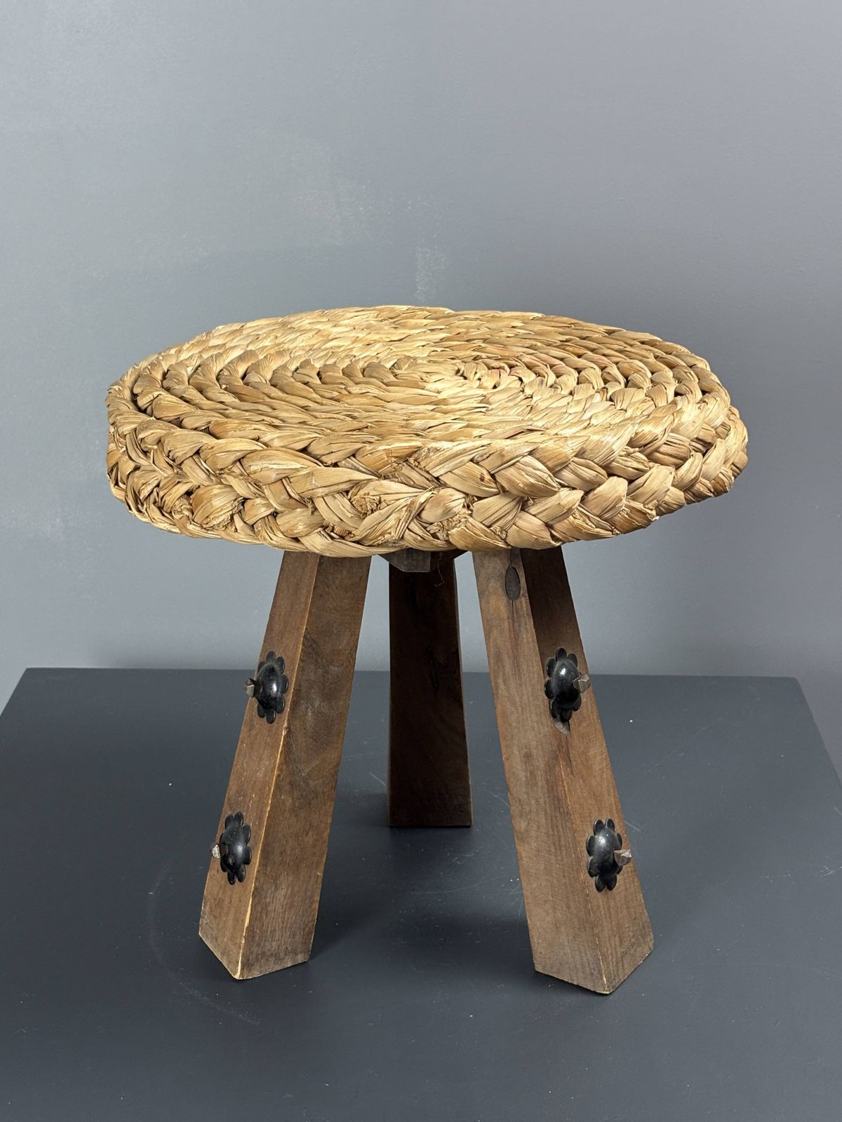 photo for sale Midcentury Braided Rope Tripod Stool In The Style Of Audoux & Minet, 1950s