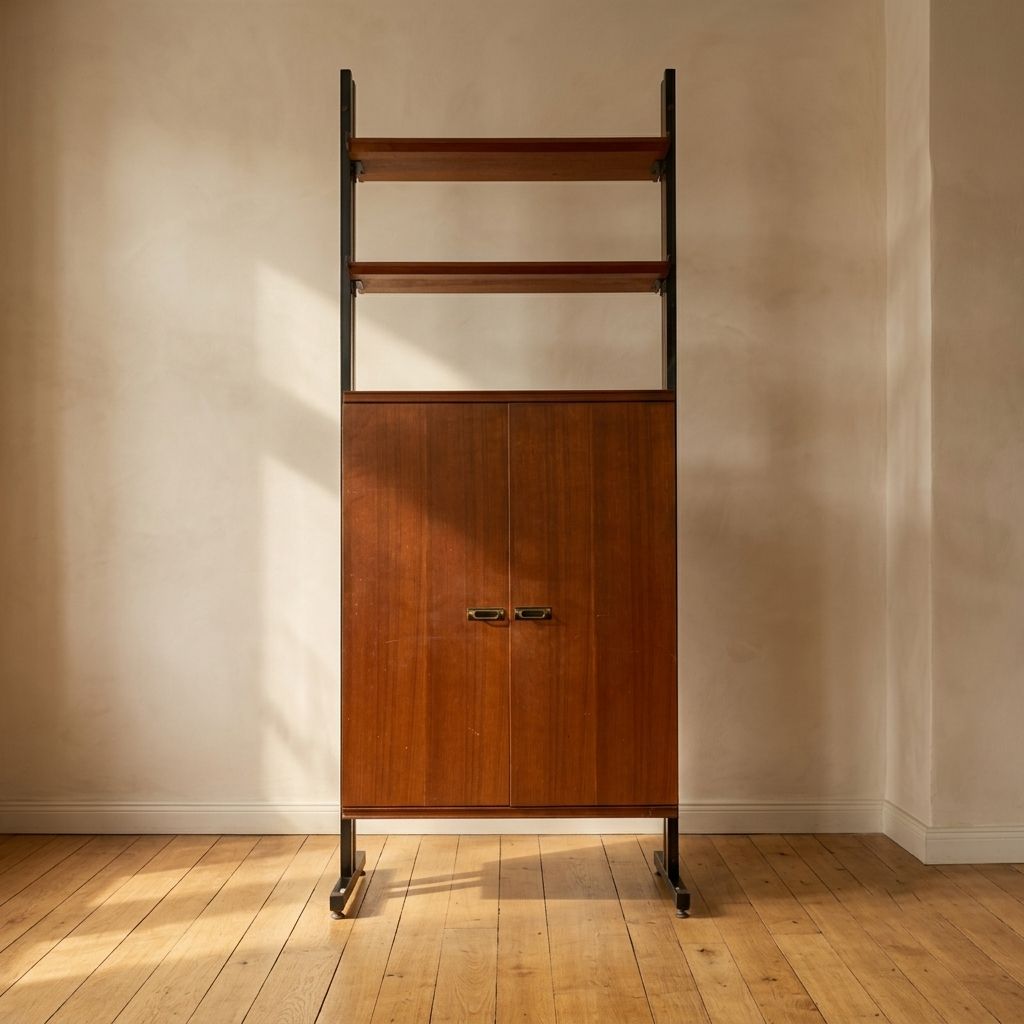 Mid-Century Modern modulaire wandkast, fineer & zwart metalen kast, jaren 1960, Europa