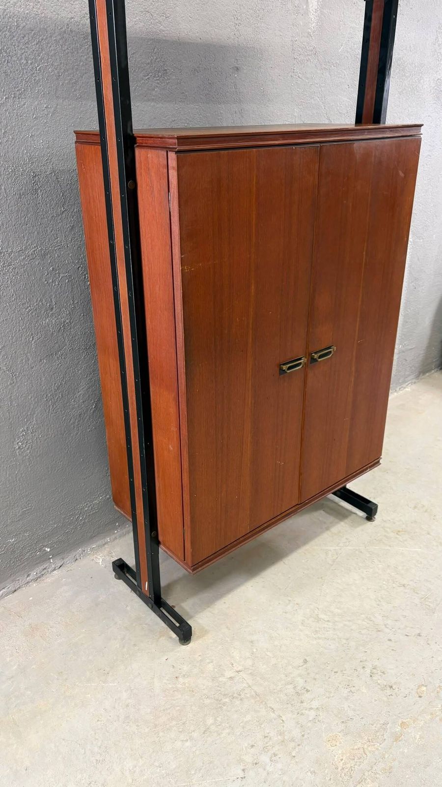 photo furniture Mid Century Modern Modular Wall Unit, Veneer & Black Metal Cabinet, 1960s, Europe