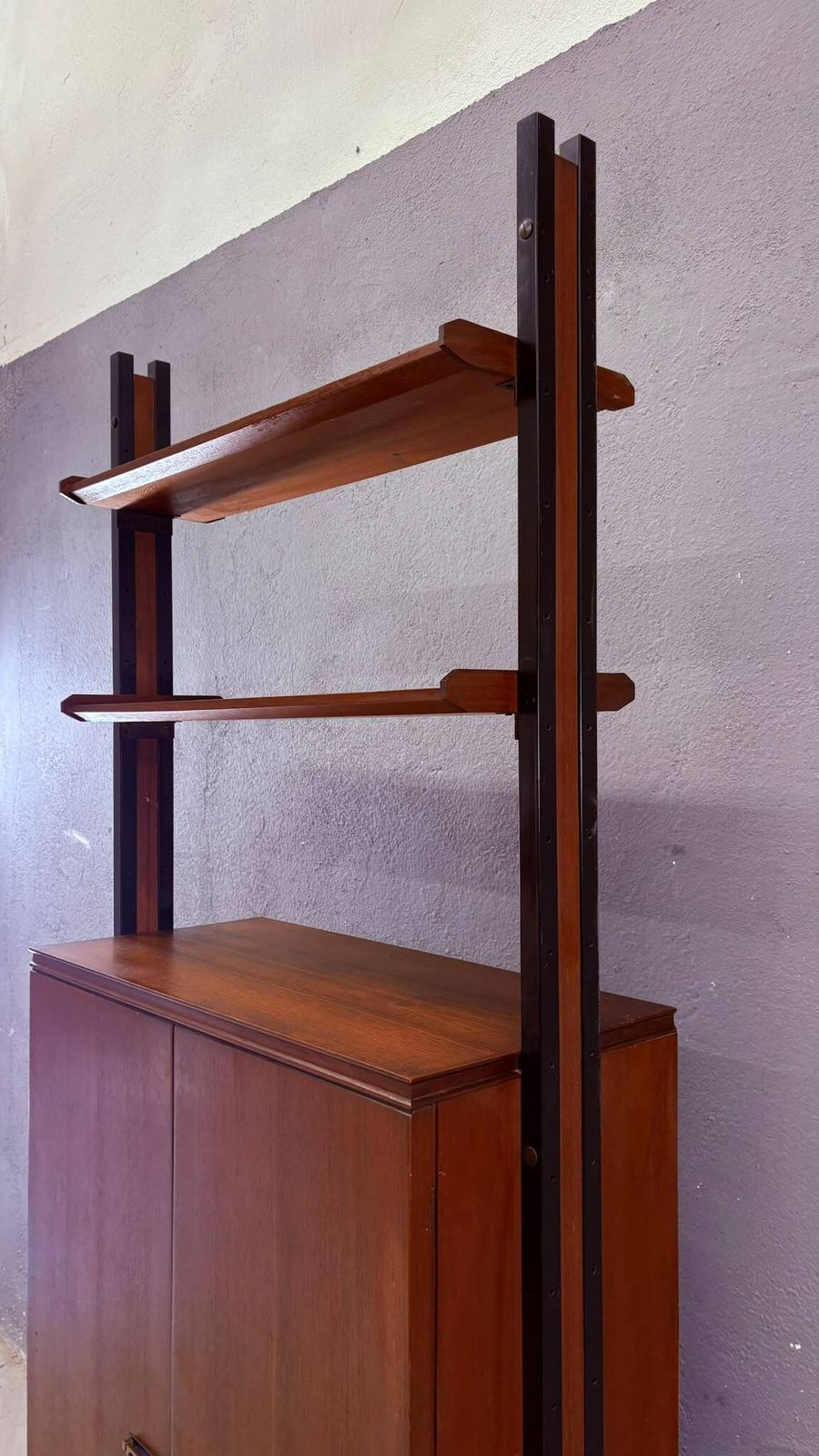 photo buy Mid Century Modern Modular Wall Unit, Veneer & Black Metal Cabinet, 1960s, Europe