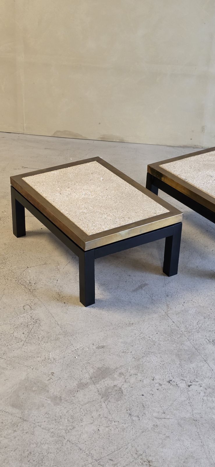 photo for sale Set Of 2 Travertine And Brass Sidetables, 1970s