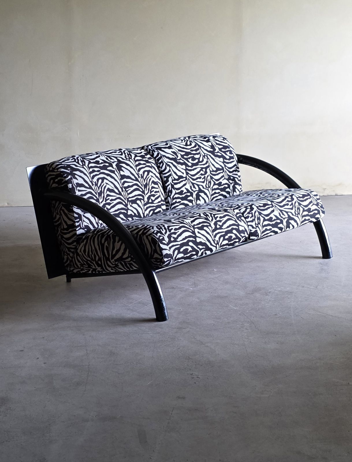 Vintage, Black Modernist 2seater Sofa In Zebra Fabric photo furniture