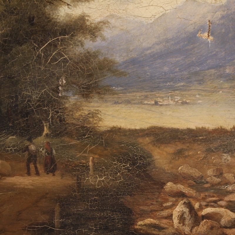Paysage italien avec voyageurs, huile sur toile datée 1845 photo Art