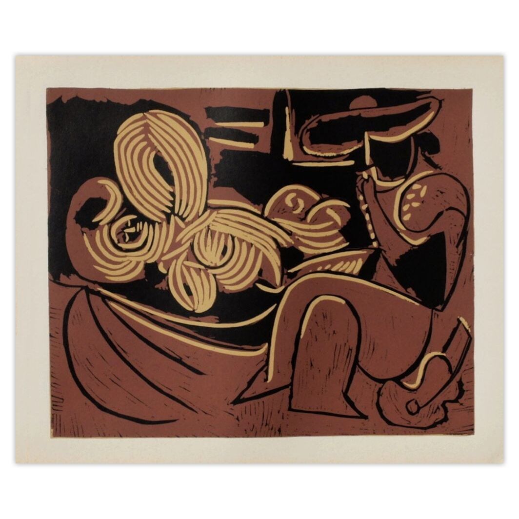 Pablo Picasso Linocut Lc   Femme Couchée Et Homme à La Guitare 1962