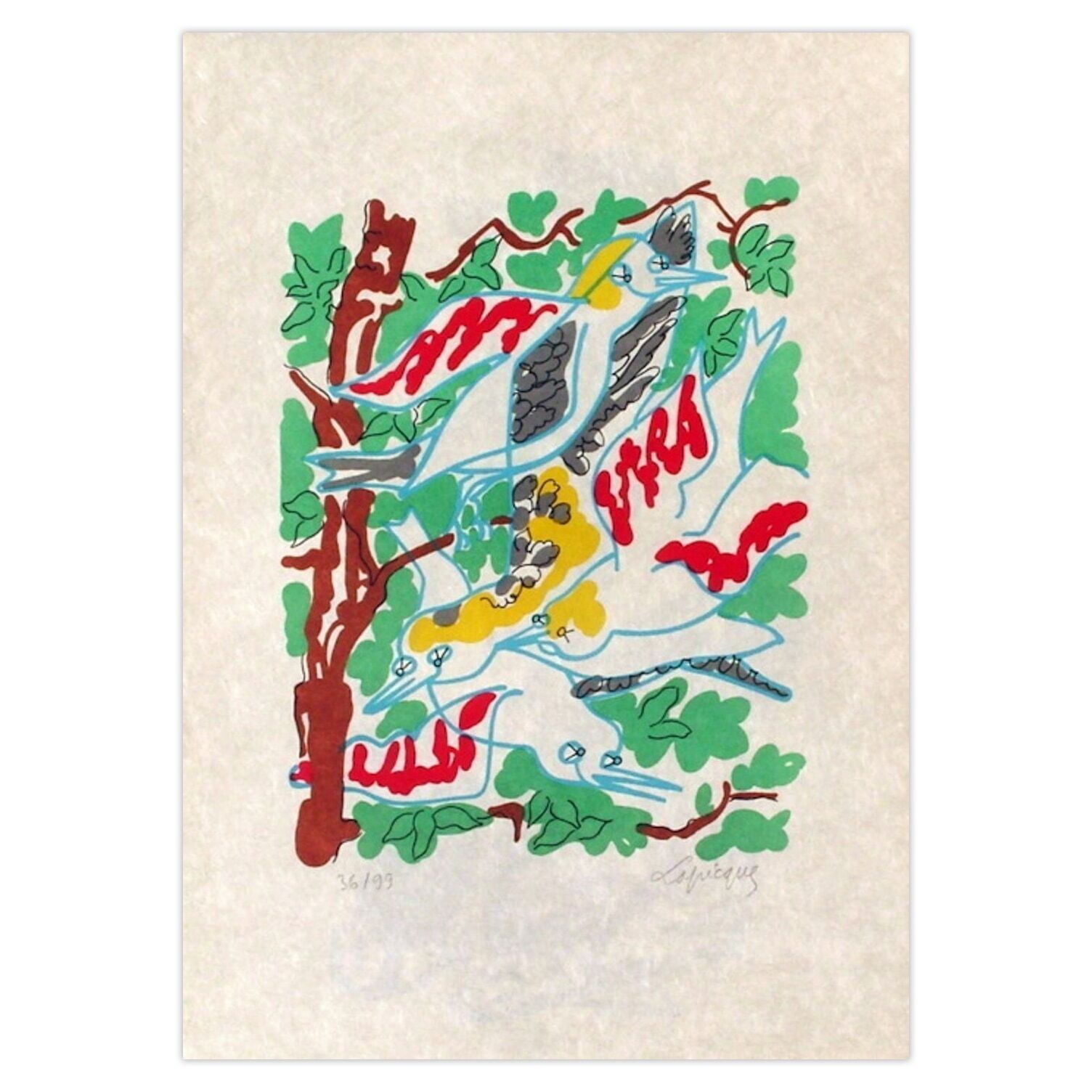 Charles Lapicque Gesigneerde Lithografie B   Oiseaux Dans Le Feuillage I 1959