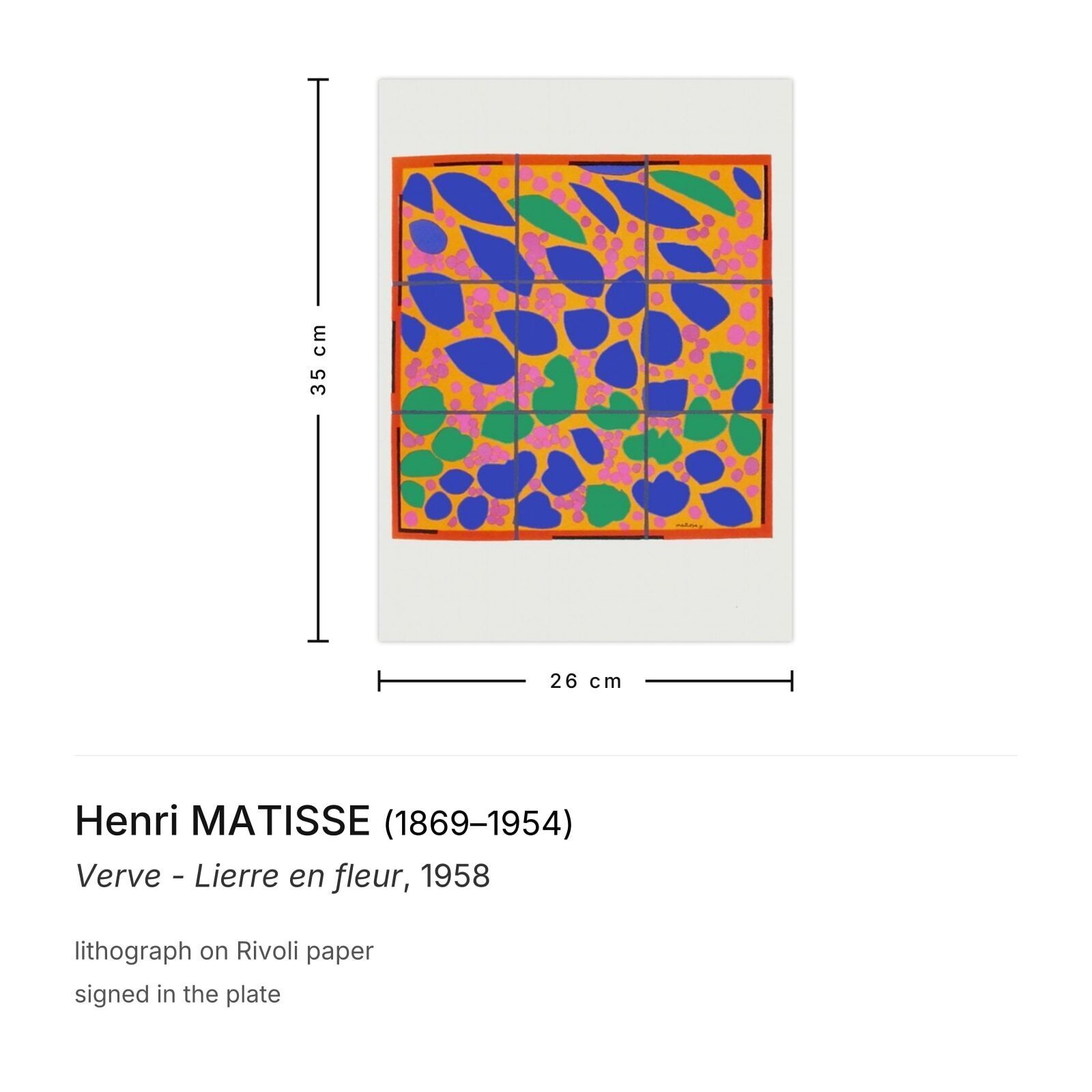 Henri Matisse Lithografie Verve Lierre En Fleur 1958 photo furniture