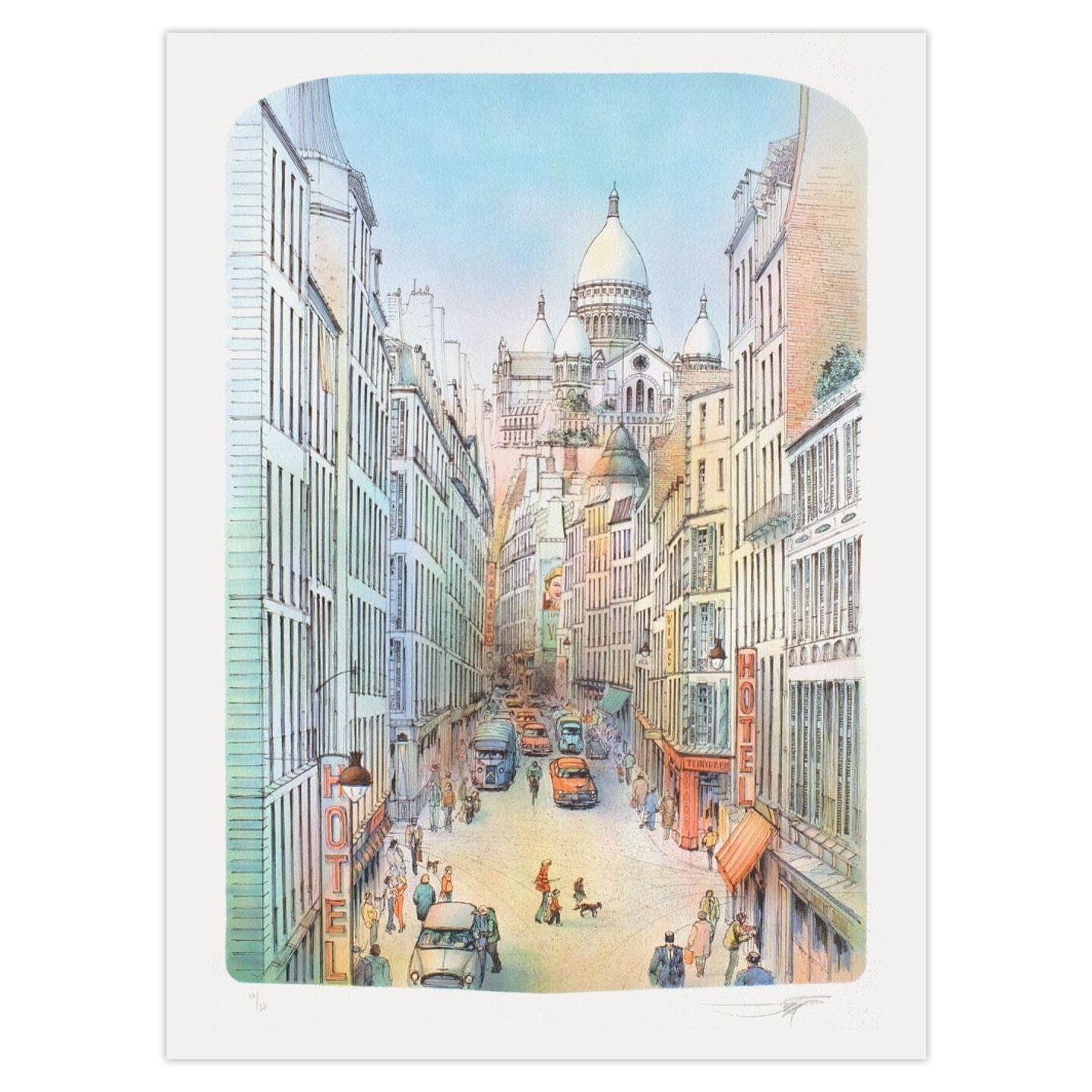 Lithographie signée Rolf Rafflewski, Paris, La Rue Blanche Et Le Sacré Coeur, 1975