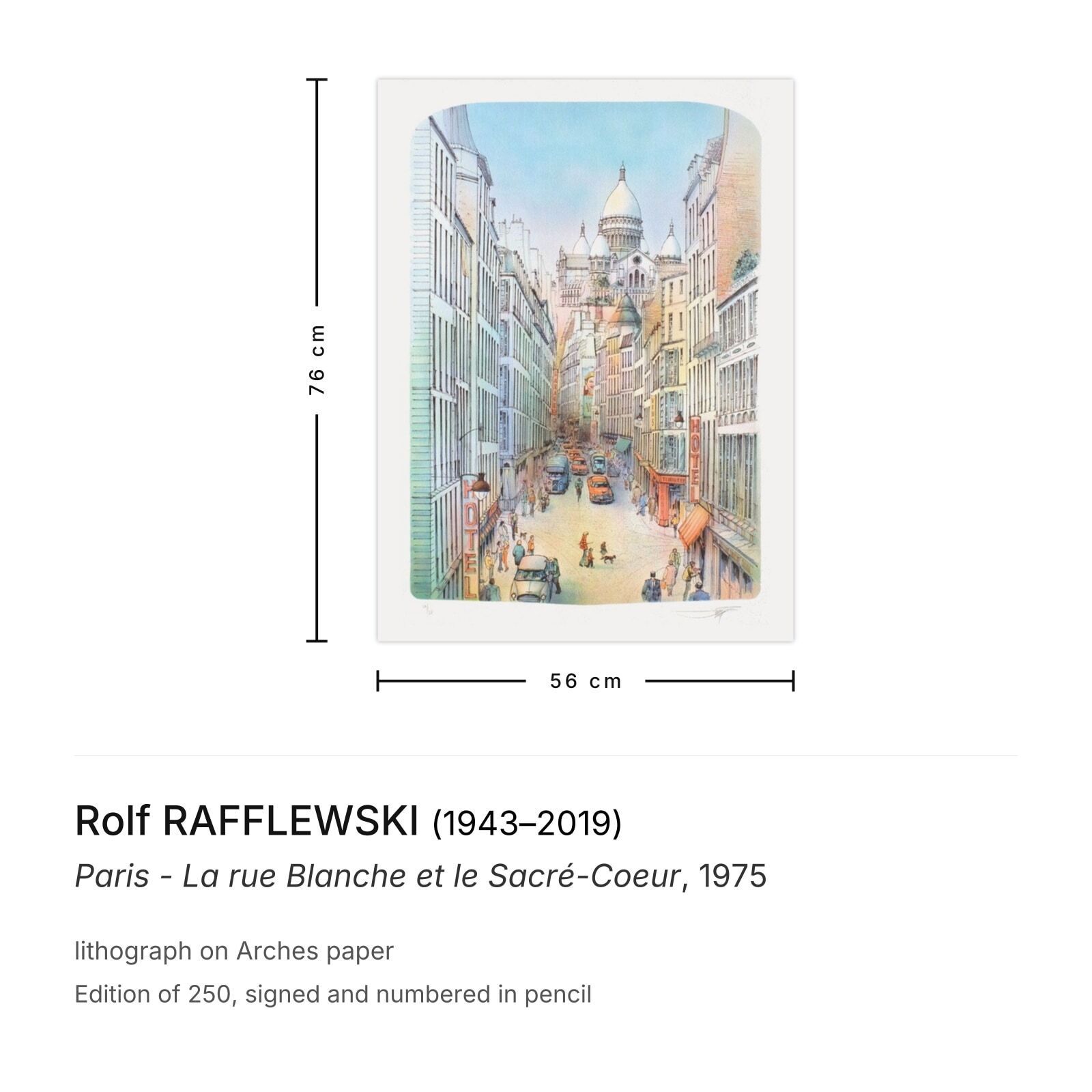 Rolf Rafflewski Signed Lithograph Paris   La Rue Blanche Et Le Sacré Coeur 1975 photo furniture