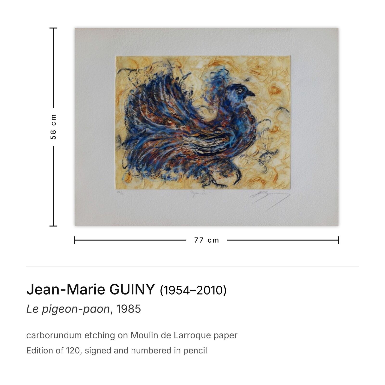 Jean Marie Guiny Signed Carborundum Etching Le Pigeon Paon 1985 photo furniture
