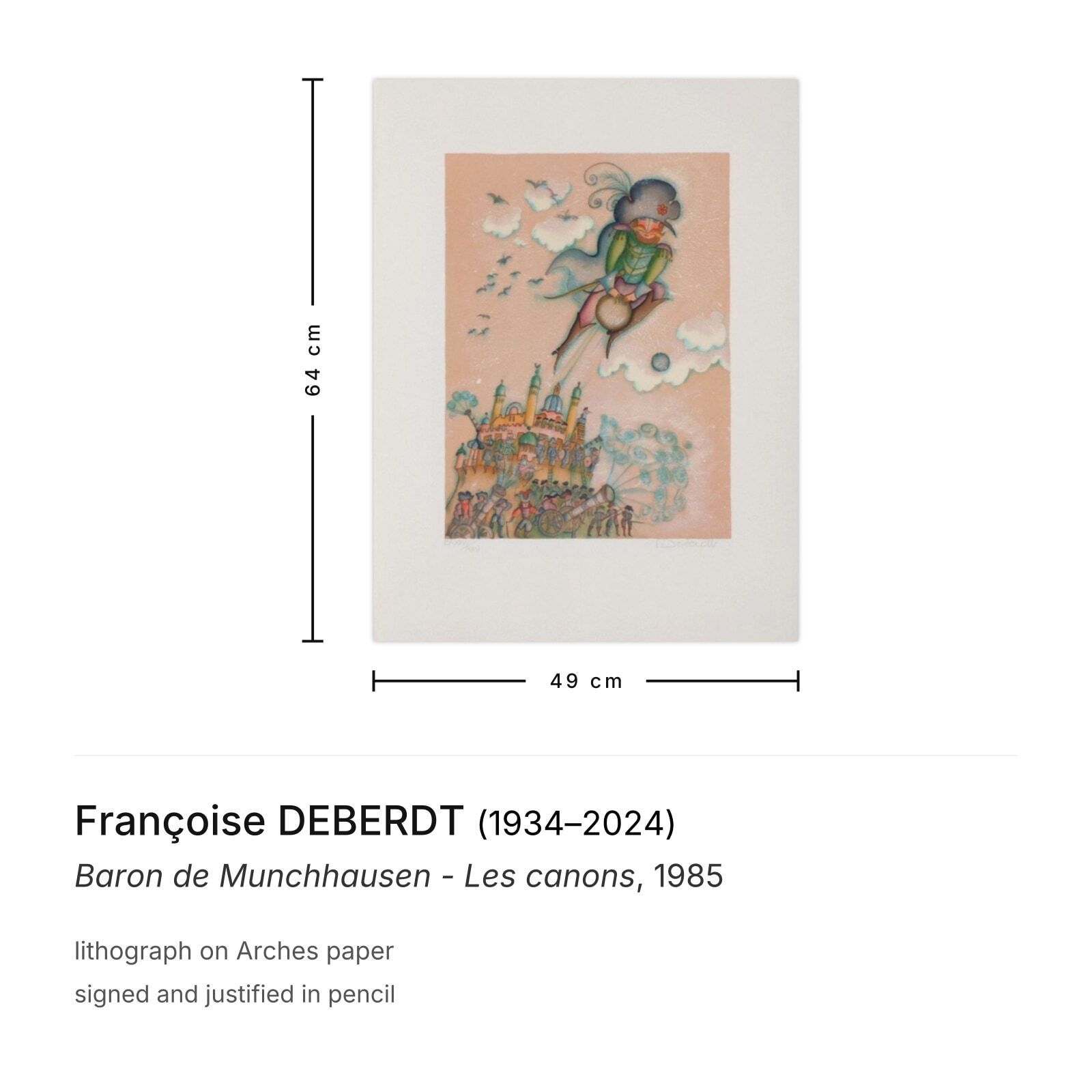 Françoise Deberdt Signed Lithograph Baron De Munchhausen   Les Canons 1985 photo furniture