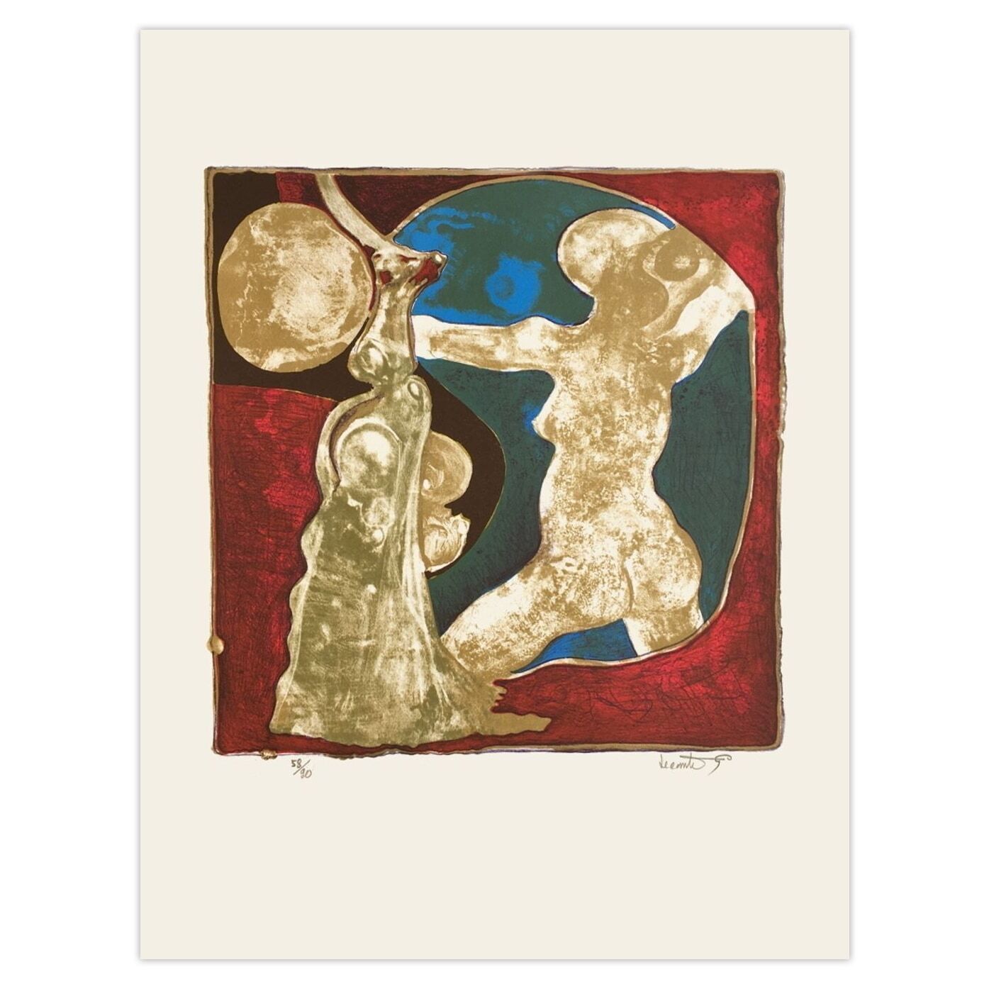 Gérard Lecomte Gesigneerde Lithografie Nu (Fond Bordeaux) 1975