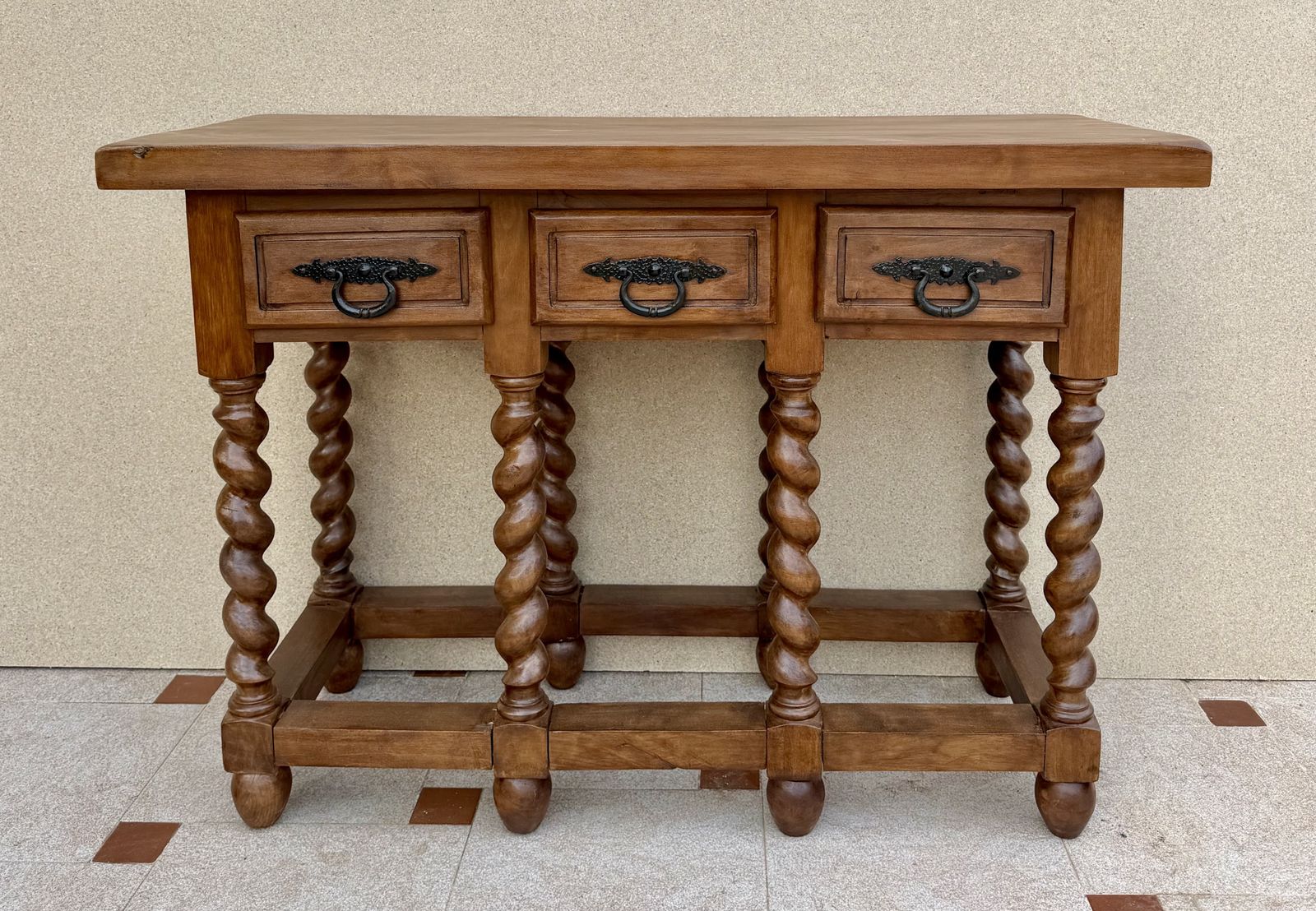 Spaanse consoletafel van massief hout met drie lades, midden 20e eeuw photo for sale