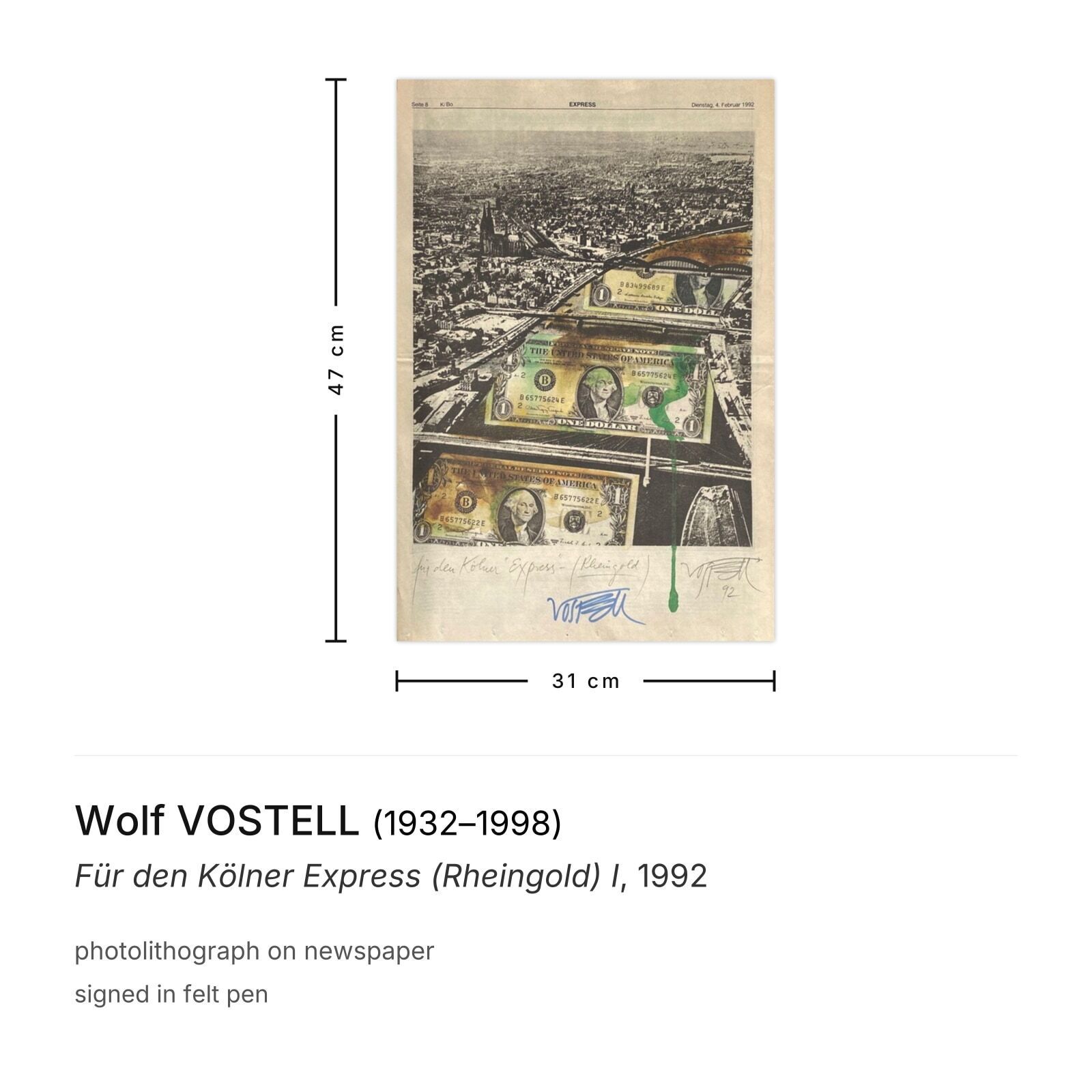 Wolf Vostell Gesigneerde Lithografie Für Den Kölner Express (Rheingold) I 1992 photo furniture