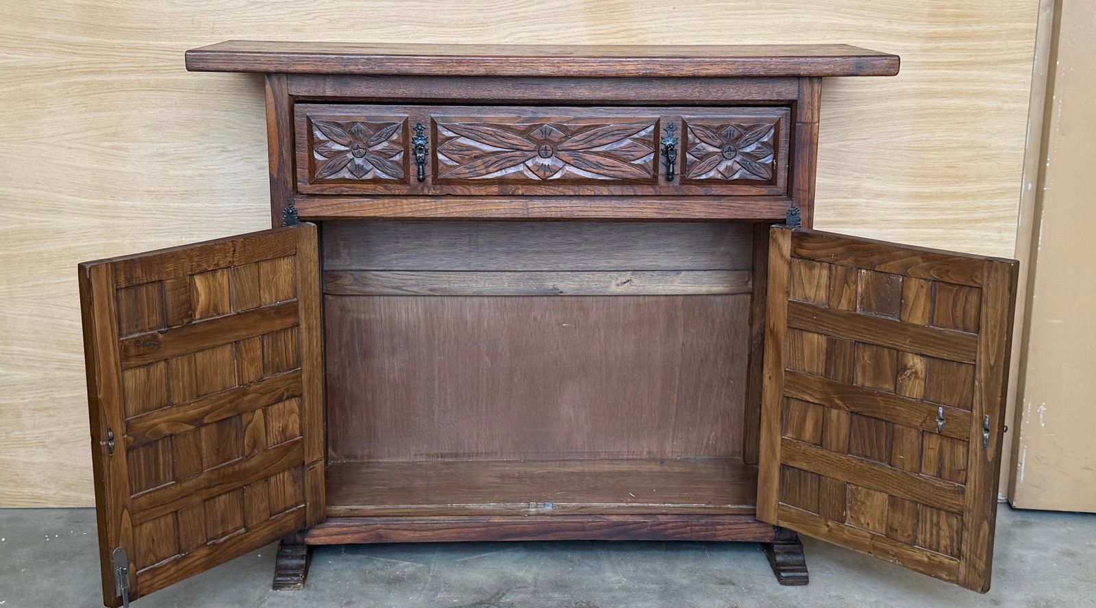 Furniture Antique Spanish Carved Walnut Cabinet With Drawer And Two Doors photo