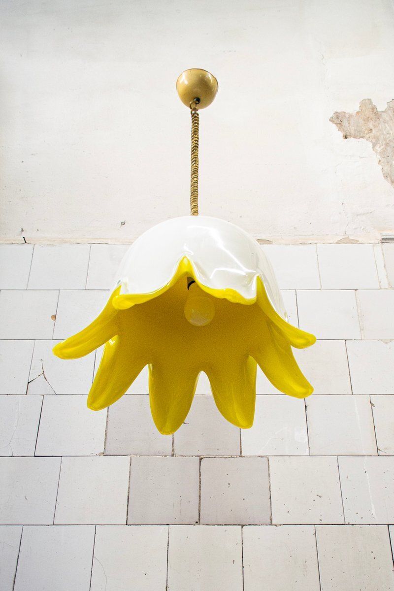 Gele Murano Glazen Bloemen Hanglamp van Leucos, jaren 1970 photo Verlichting