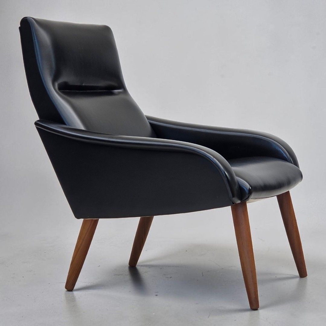 1970s, Danish Armchair, Black Artificial Leather, Teak Wood Legs.