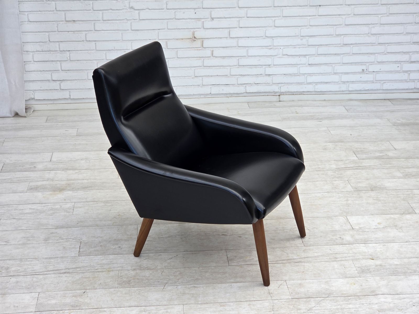 1970s, Danish Armchair, Black Artificial Leather, Teak Wood Legs. photo furniture