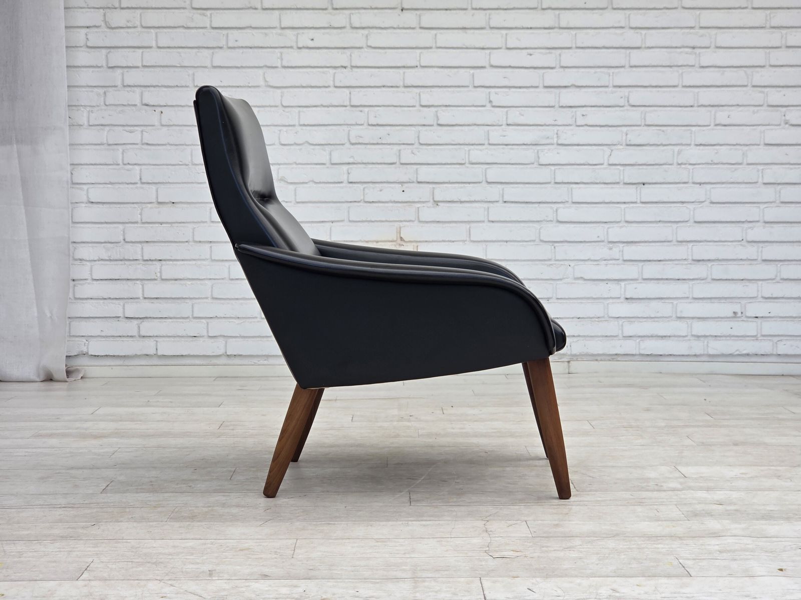 1970s, Danish Armchair, Black Artificial Leather, Teak Wood Legs. photo vintage
