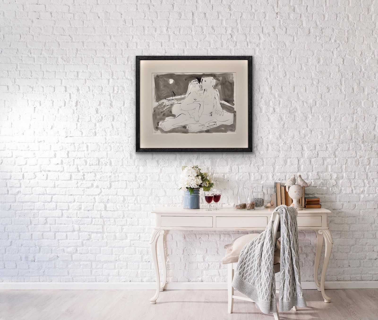 photo for sale Keith Bayliss, né en 1954. Gallois. Moonlight Embrace. Nu masculin et féminin. Aquarelle en grisaille encadrée. Ressemblance et influence de Picasso.