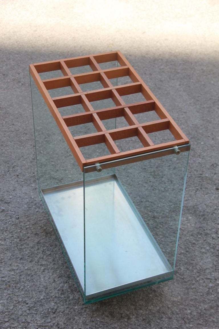 Rectangular Umbrella Stand Italian Design 1990 Fiam Wood Glass Steel photo furniture