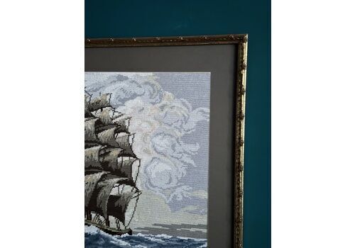 photo vinterior Large Vintage Wiehler Gobelin Tapestry "On High Seas" – Professionally Framed Mid Century Maritime Artwork
