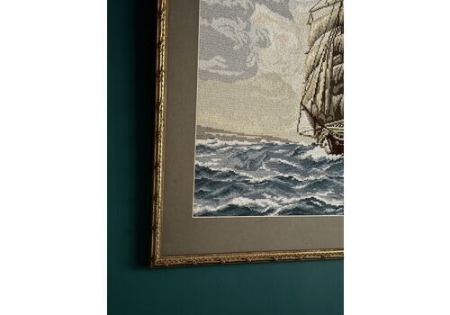 photo vintage Large Vintage Wiehler Gobelin Tapestry "On High Seas" – Professionally Framed Mid Century Maritime Artwork